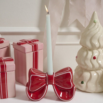 Big Red Bow Hand Painted Ceramic Candleholder