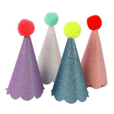 Glitter Party Hats with Pom Poms Set of 8