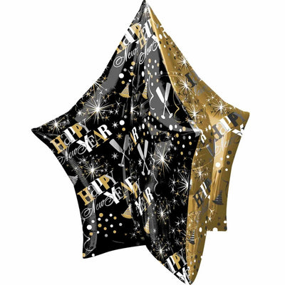 New Year Gold & Black Star UltraShape Foil Balloon 81x86cm