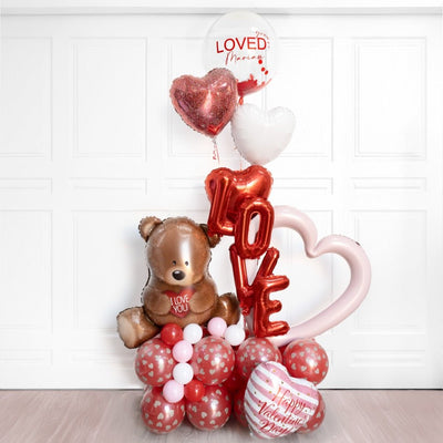 Happy Valentines Teddy, Love & Hearts Ballon Stand with Personalized Bubble Balloon