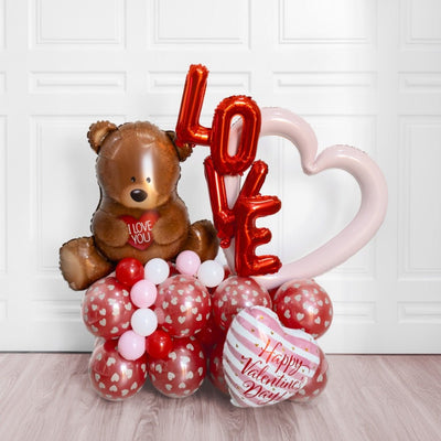 Happy Valentines Teddy, Love & Hearts Balloon Stand