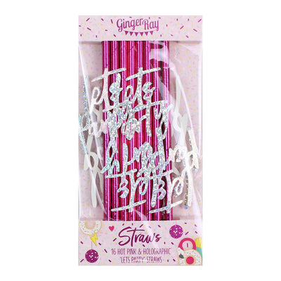 Hot Pink Foiled Lets Party Paper Straws Set of 16