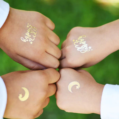 Happy Eid, Crescent Moon & I'm fasting Gold Tattoos Set of 6