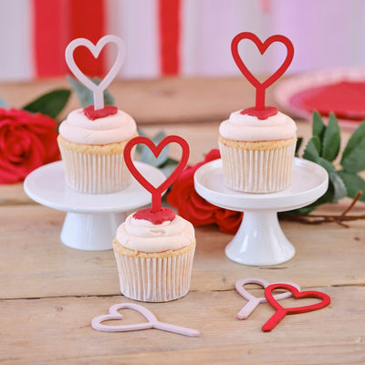 Wooden Red and Pink Heart Cupcake Toppers Set of 6