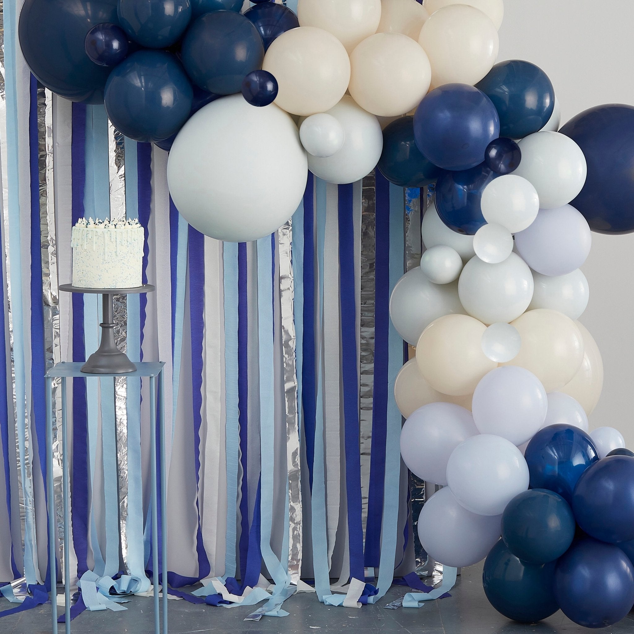DIY Blue, Cream & Silver Streamers & Balloon Arch Party Backdrop –